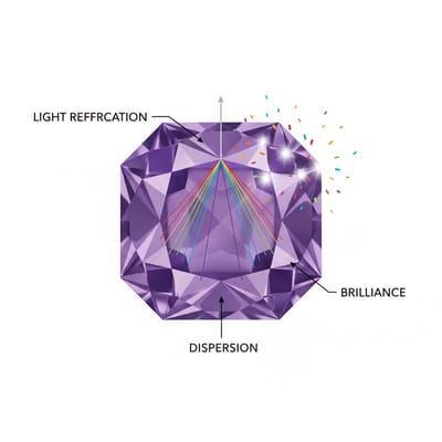 Illustration of Amethyst gemstone optical properties and light refraction