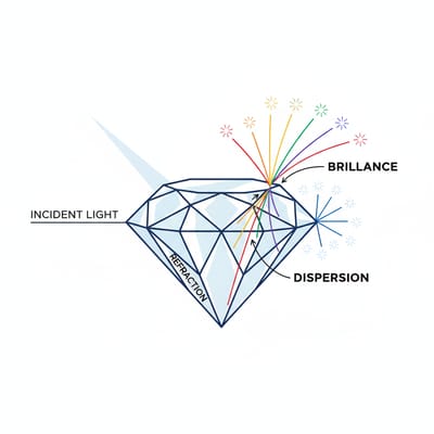 Illustration of Diamond gemstone optical properties and light refraction