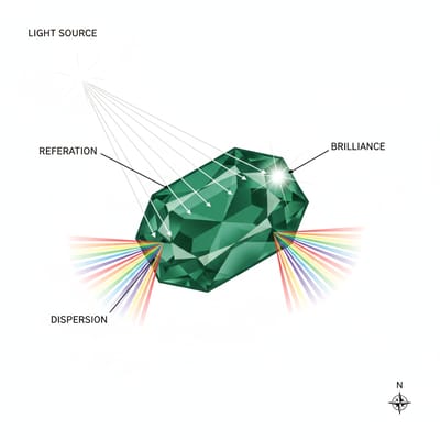 Illustration of Emerald gemstone optical properties and light refraction