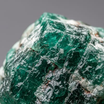 Close-up macro photograph of raw Emerald gemstone crystal