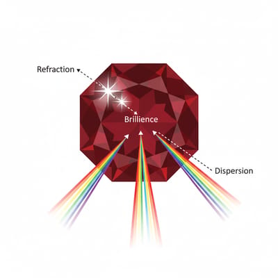 Illustration of Garnet gemstone optical properties and light refraction