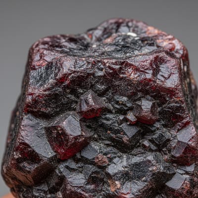 Close-up macro photograph of raw Garnet gemstone crystal