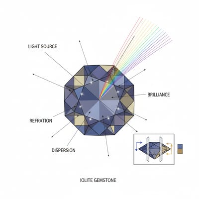 Illustration of Iolite gemstone optical properties and light refraction