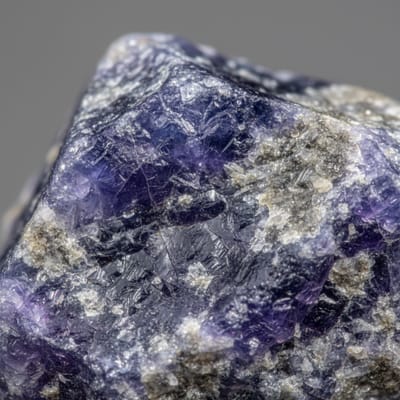 Close-up macro photograph of raw Iolite gemstone crystal