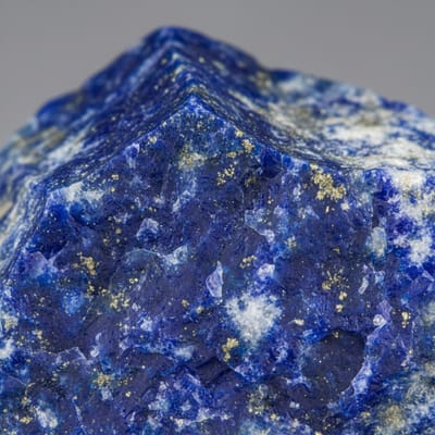 Close-up macro photograph of raw Lapis Lazuli gemstone crystal