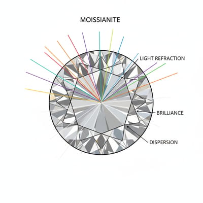 Illustration of Moissanite gemstone optical properties and light refraction