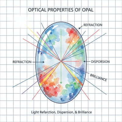 Illustration of Opal gemstone optical properties and light refraction