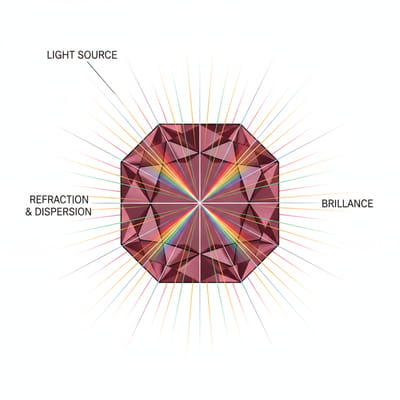 Illustration of Rhodolite gemstone optical properties and light refraction