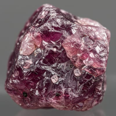 Close-up macro photograph of raw Rhodolite gemstone crystal