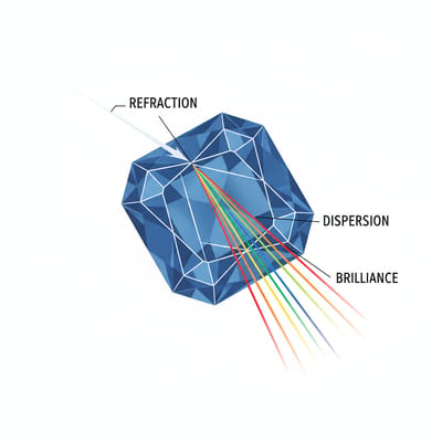 Illustration of Sapphire gemstone optical properties and light refraction