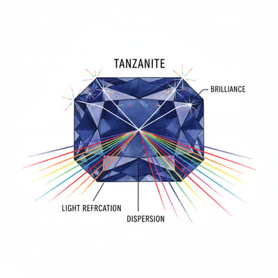 Illustration of Tanzanite gemstone optical properties and light refraction
