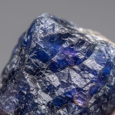 Close-up macro photograph of raw Tanzanite gemstone crystal