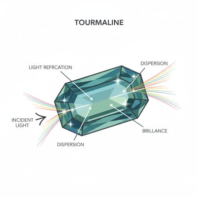 Illustration of Tourmaline gemstone optical properties and light refraction