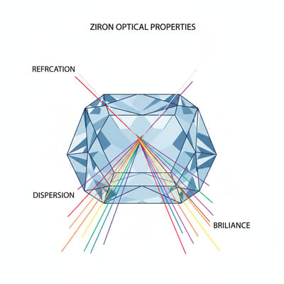 Illustration of Zircon gemstone optical properties and light refraction